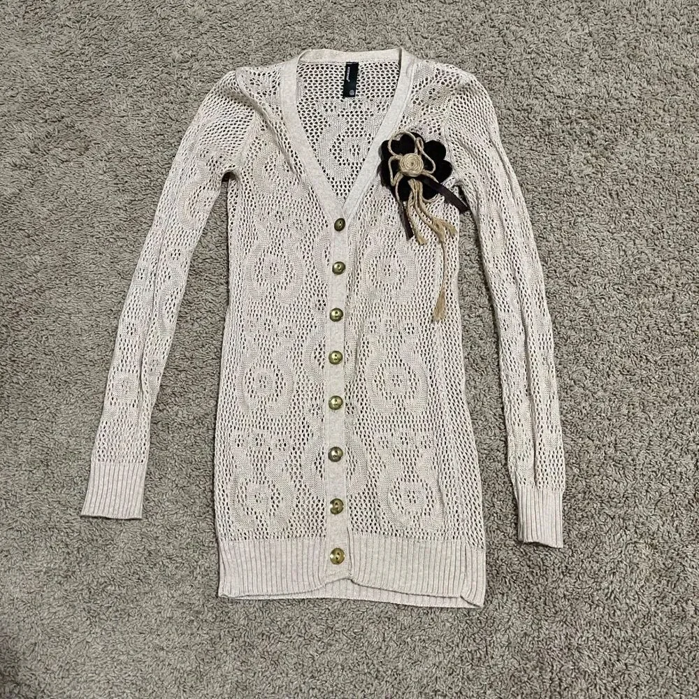 Duster Cardigan Sweater Womens Small Cream Floral Crochet Flower Brooch Pinned